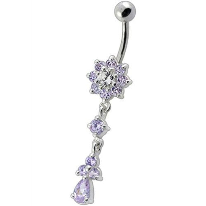 Fancy Jeweled Flower Dangling Curved Bar Belly Ring