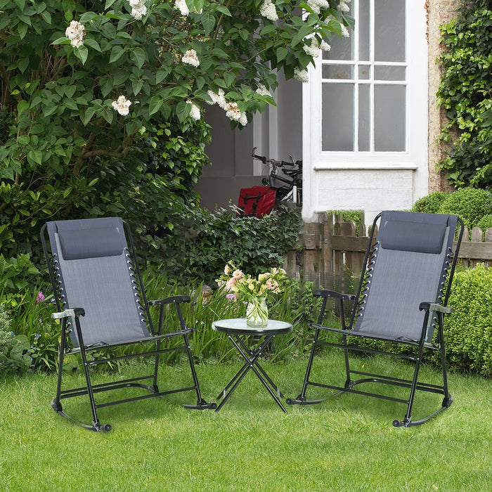 3 Piece Rocking Bistro Set, 2 Folding Chairs & 1 Tempered Glass Table, Grey