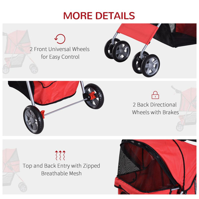 PawHut Pet Stroller for Small Miniature Dogs Cats Foldable Travel Carriage with Wheels Zipper Entry Cup Holder Storage Basket Red