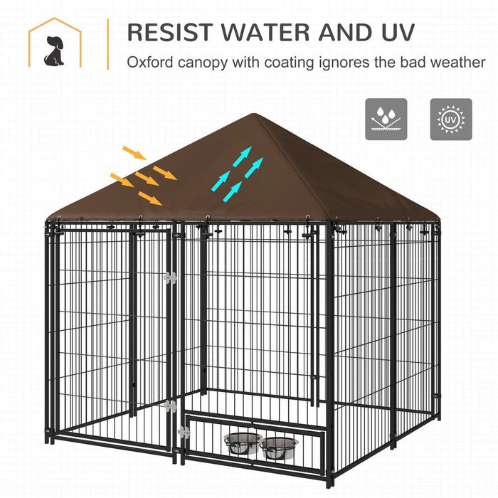 Premium Outdoor Dog House Kennel: Canopy Top, Secure Lock, and Rotating Bowl Holder