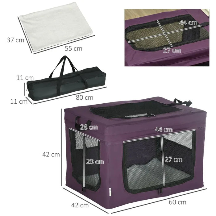 60cm Foldable Pet Carrier Cat Bag w/ Cushion, for Miniature Dogs - Purple