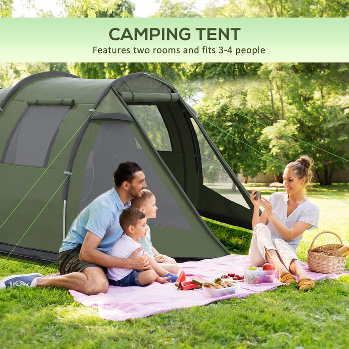 Outsunny 3-4 Persons Tunnel Tent, Two Room Camping Tent w/ Windows, Green