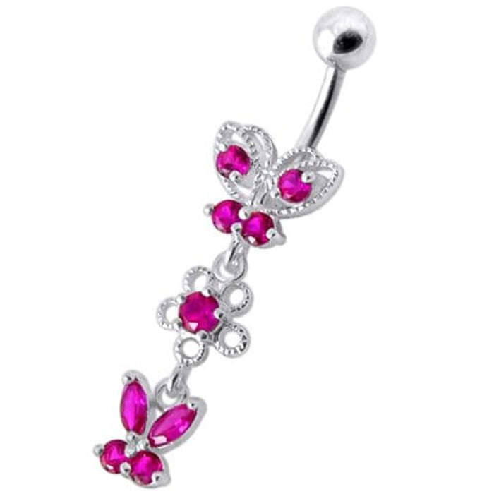 Fancy Design Multi Jeweled Dangling SS Bar Navel Ring