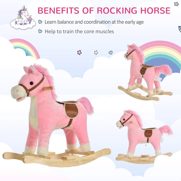 High-Quality Kids Plush Rocking Horse w/ Moving Mouth & Tail Sounds - Pink HOMCOM