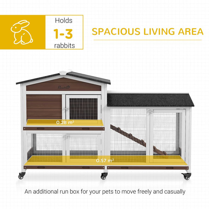 Premium PawHut Wooden Rabbit Hutch w/ Wheels, Run, Ramp - High-Quality, Spacious Brown Cage for Rabbits & Guinea Pigs