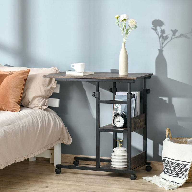 HOMCOM Industrial Mobile Sofa Side Table C-Shaped Rolling Couch Table with 3-Tier Storage Shelving Four Lockable Wheels Steel Frame - Brown