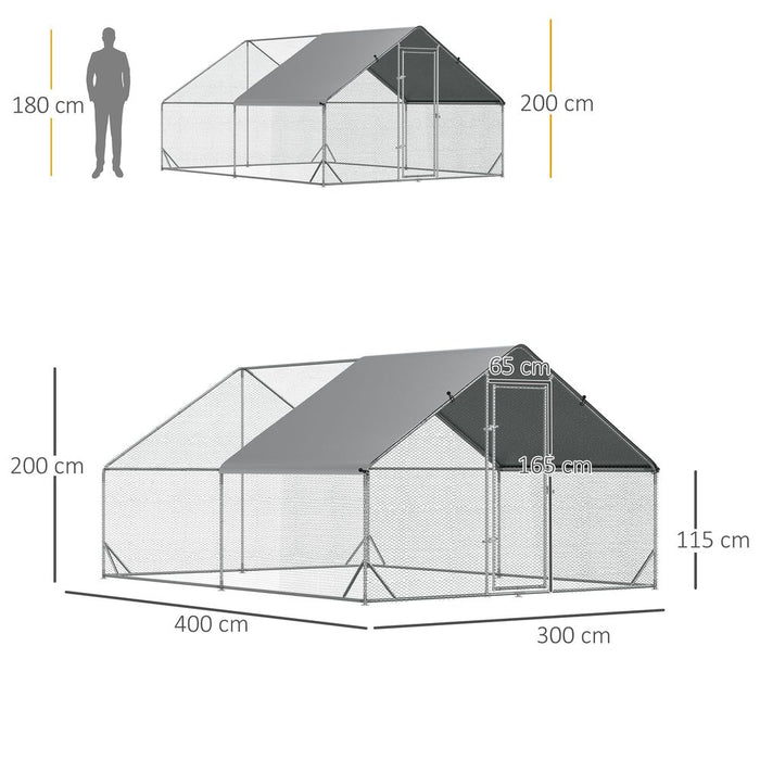 Wide Weather-Resistant Walk-In Chicken Run - Galvanized Coop - 3x4x2m - Pawhut