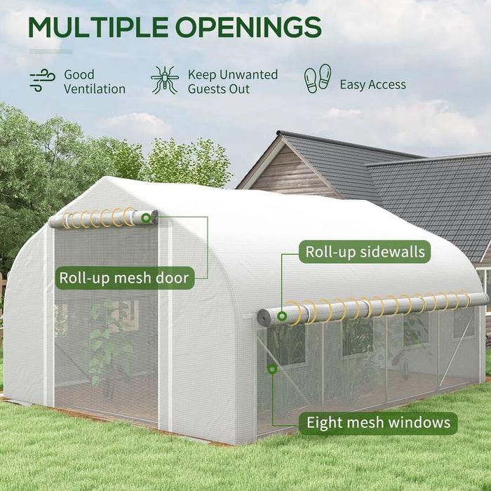 4x3m Polytunnel Greenhouse w/Roll Up Sidewalls, Mesh Door, Plant Labels