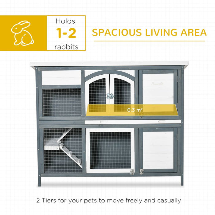 PawHut Rabbit Hutch Outdoor Guinea Pig Hutch 2 Tier Wooden Cage w/Ramp, Divider, Openable Roof, 125 x 48 x 100cm, Grey