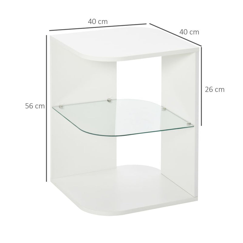 HOMCOM Modern Side Table Three Layer Bedside Table Nightstand with 2 Storage Shelves, for Living room, Bedroom, White