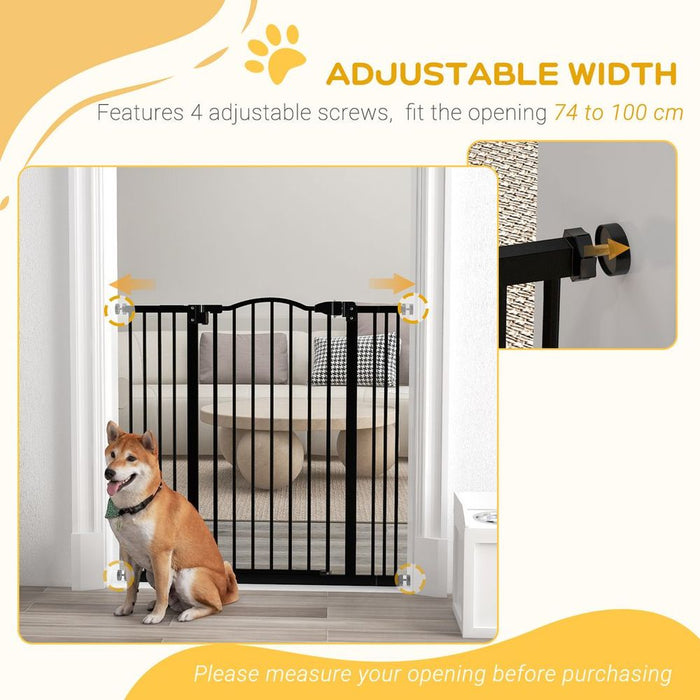 PawHut Adjustable Metal Pet Gate w/ Auto-Close Door - 74-100cm, Black