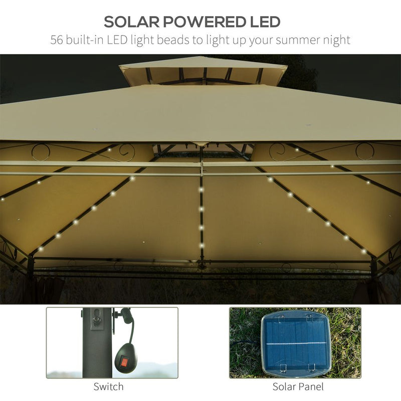 Outdoor Tent Garden Pavilion 4x3m | LED Solar Light | Steel Frame | Khaki