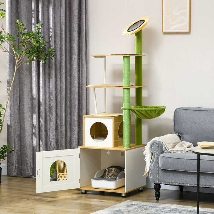 Ultimate PawHut Cat Tree - Litter Box, Scratching Post, Cat House, Hammock - Oak