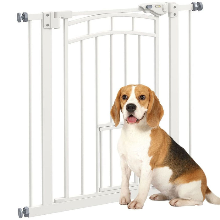 PawHut Pressure Fit Safety Gate - 74-80cm, Dog Gate w/ Small Cat Door Opening