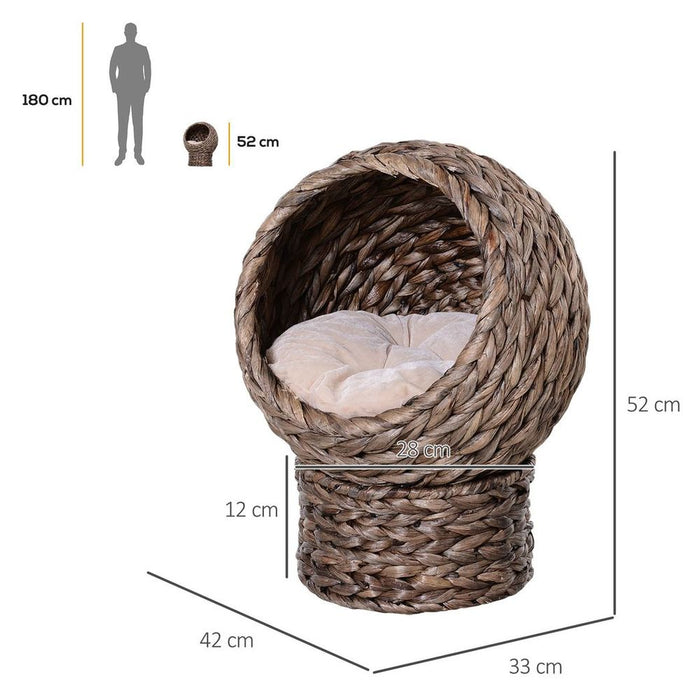 Wicker Cat House, Raised Cat Bed - Brown, 42 x 33 x 52cm. Comfortable, Stable & Durable - Removable/Washable Cushion. Free Air Circulation.