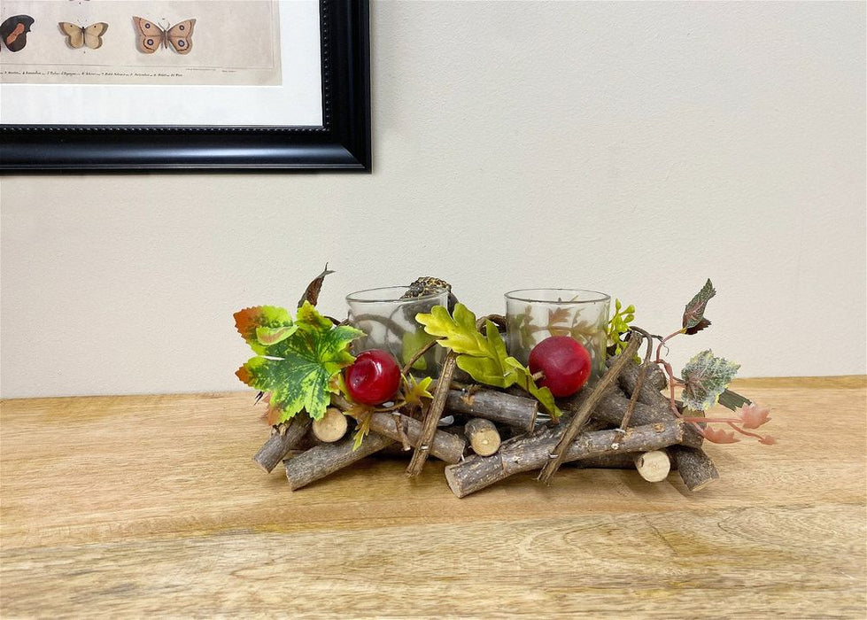 Rustic Wood & Fauna Tea light Holder | Handcrafted Branch Basket with Leaves & Berries | Double Candle Stand 5.5cm x 6cm