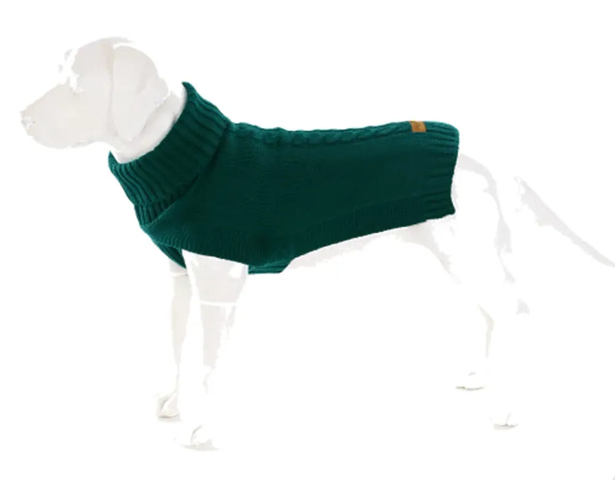 The Jazz Dog Jumper in Green - Contemporary Cableknit Design, Lycra Strengthened Rolleck, Leg Slits - Best Quality