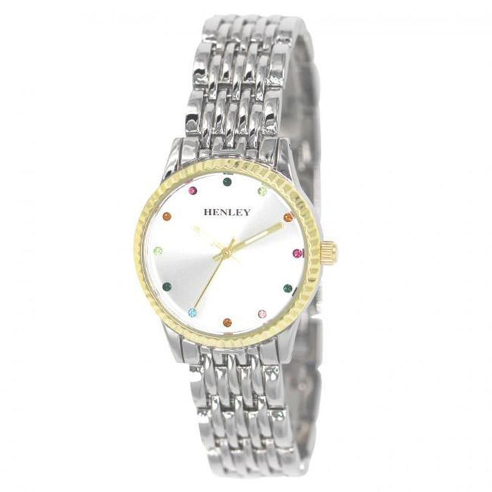 Henleys Ladies Rainbow Diamante Watch-Blue. Two-tone. Adjustable Bracelet. Deluxe Gift Box.