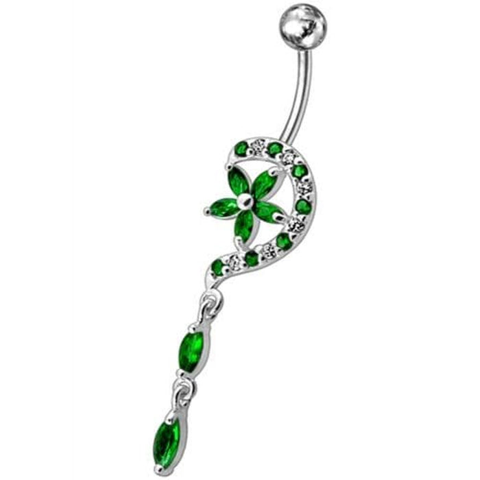 Fancy Jeweled Flower Long Tail Silver Dangling Belly Ring