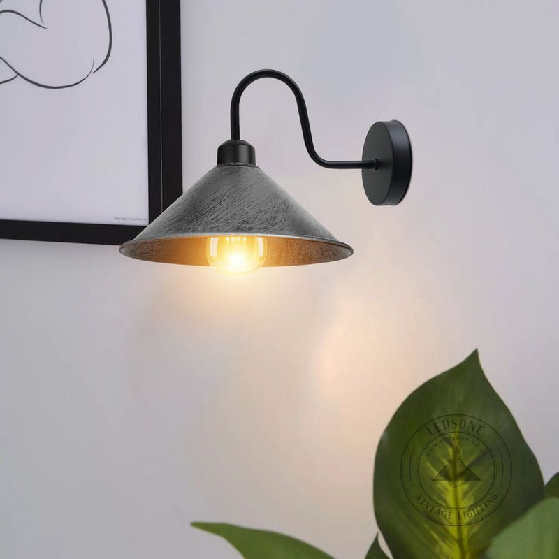 Brushed Silver Wall Light Fixture: Black Sconce, E27 Base Socket, Screw Type, Wall Mounted, Swan Neck, Cone Shape Shade