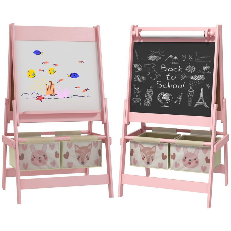 AIYAPLAY Kids Easel with Paper Roll, 3 in 1 Art Easel for Children, with Blackboard, Whiteboard, Storage Baskets, Pink
