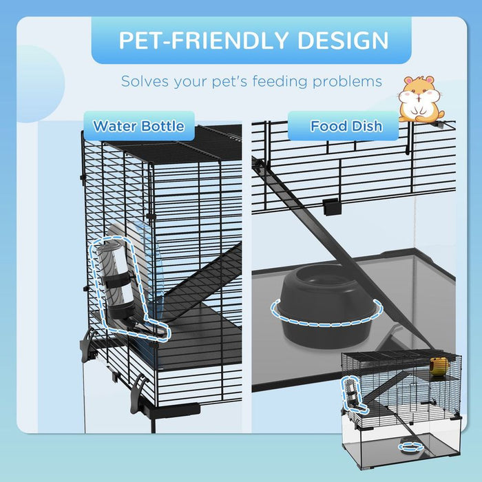 Spacious 3-Tier Hamster Cage w/ Glass Bottom, Dish, Hut - 60x40x57cm