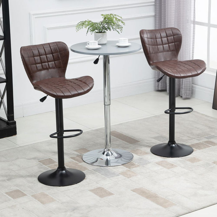 2 Brown PU Leather Swivel Bar Chairs - Adjustable Height, Backrest - High Quality