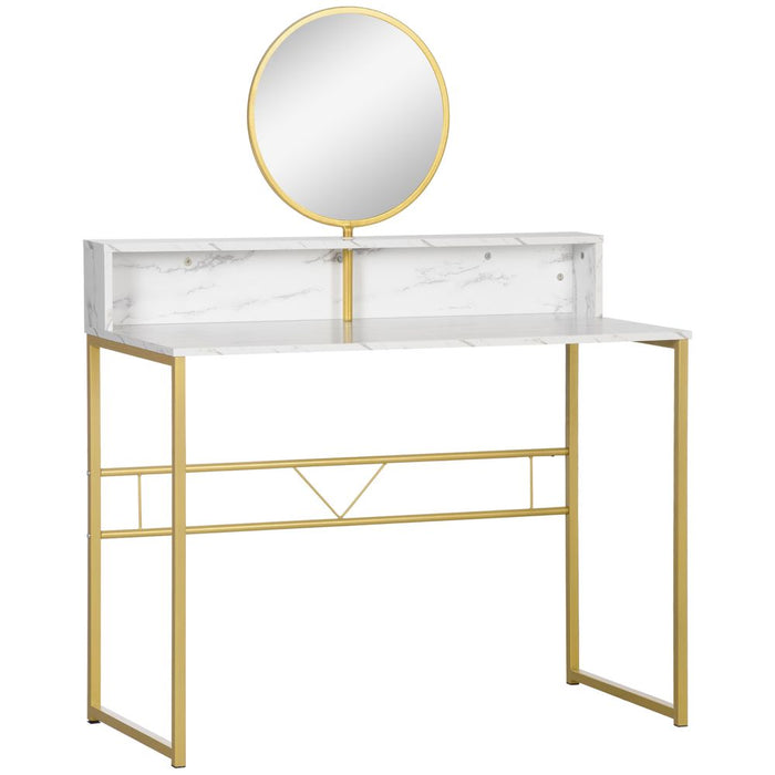 Dressing Table w/ Round Mirror, Vanity Makeup Desk Faux Marble Texture White