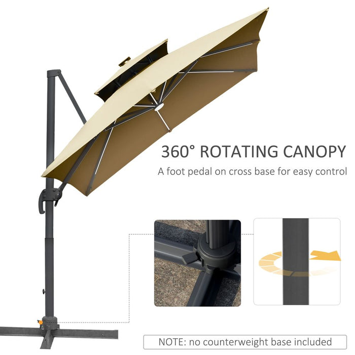 3m Cantilever Patio Umbrella, Solar LED Lighted Crank Handle Khaki