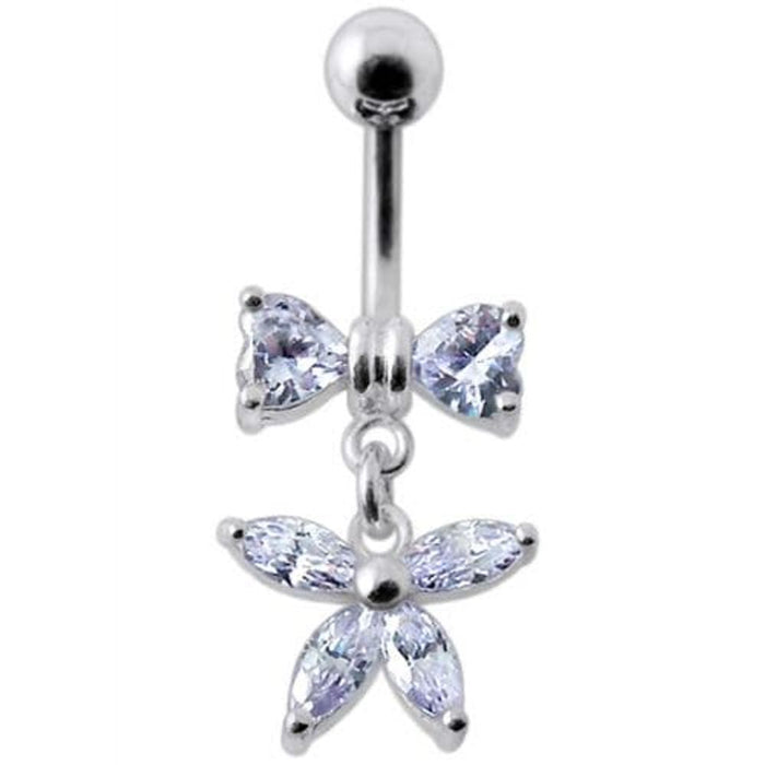 Fancy Jeweled Butterfly with Bow Dangling Surgical Grade Steel Belly Ring