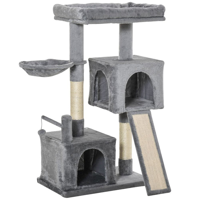 PawHut 111cm Cat Tree Tower for Indoor Cats, Cat Activity Centre with Scratching Posts and Pad, Hammock Condo Bed, Hanging Ball Toy, Grey