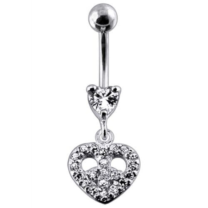 Jeweled Fancy Heart Shape Silver Dangling SS Bar Curved Belly Ring