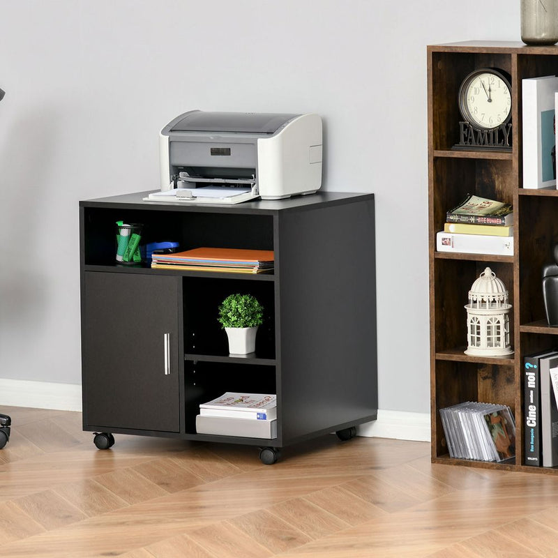 HOMCOM Multi-Storage Printer Stand Unit Office Desk Side Mobile Storage w/Wheels Modern Style 60L x 50W x 65.5H cm - Black