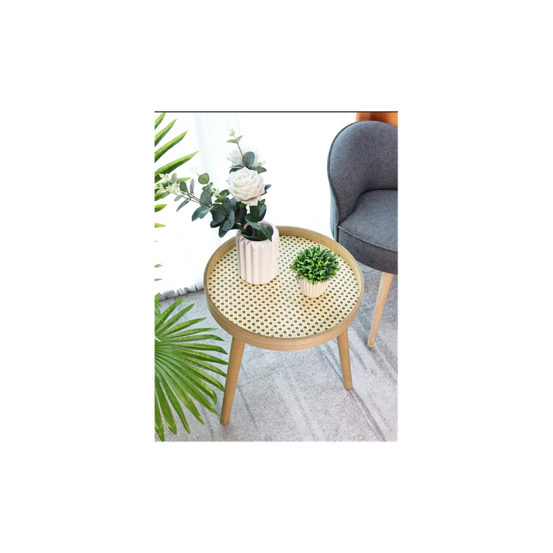 SHLEDECOR Cane Side Table With Rattan Circle Round Table - Solid Matte Oak Finish Legs - Sofa Table Stool End Table