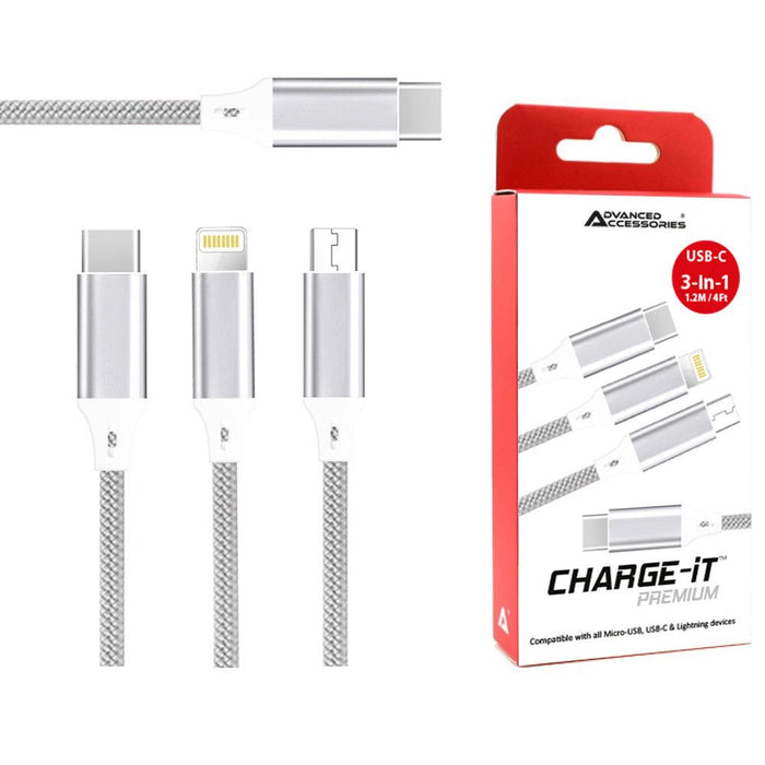 AA CHARGE-iT Premium 3in1 Cable USB-C To 8 Pin/USB-C/Micro USB | Fast Charging | Universal Compatibility