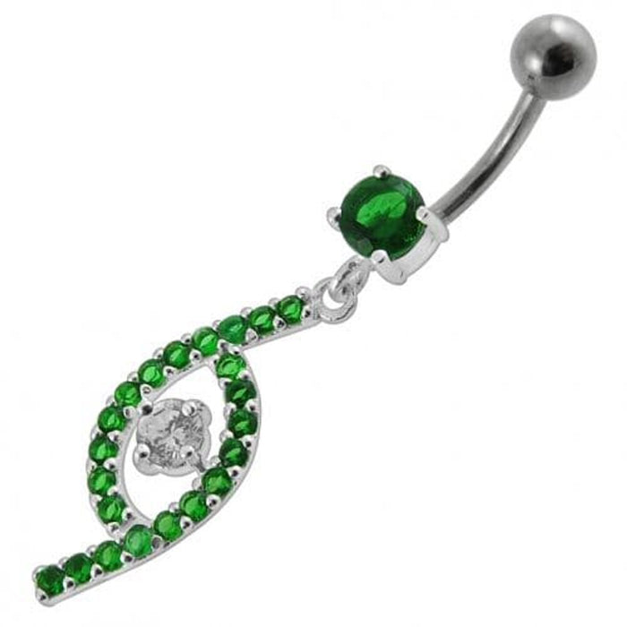 Jeweled Fancy Silver Dangling SS Bar Curved Navel Ring