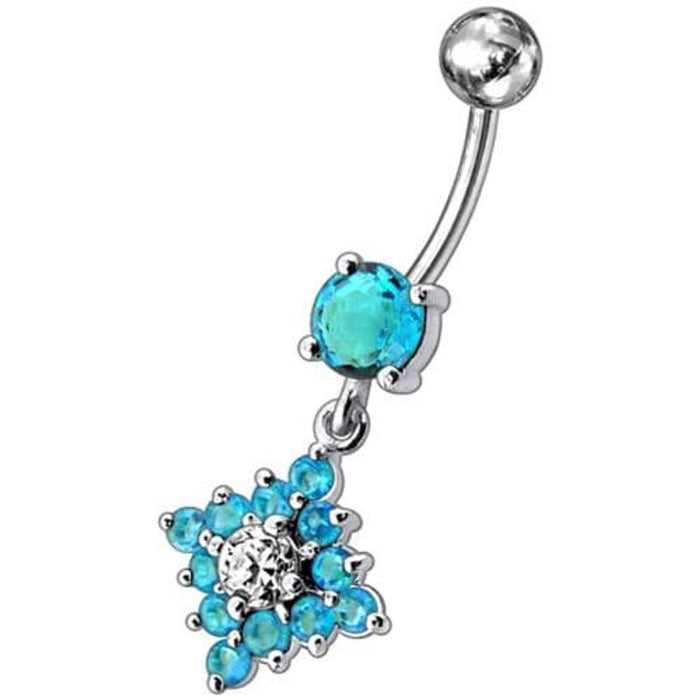 Flower Belly Navel Ring Fancy CZ Gemmed Dangle Button