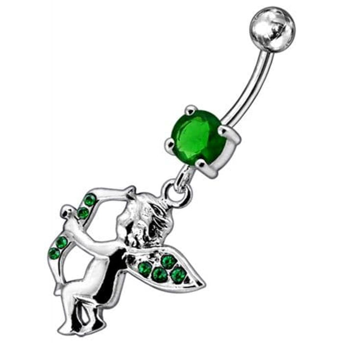 Jeweled Fancy  Angel Silver Dangling SS Bar Curved Belly Ring