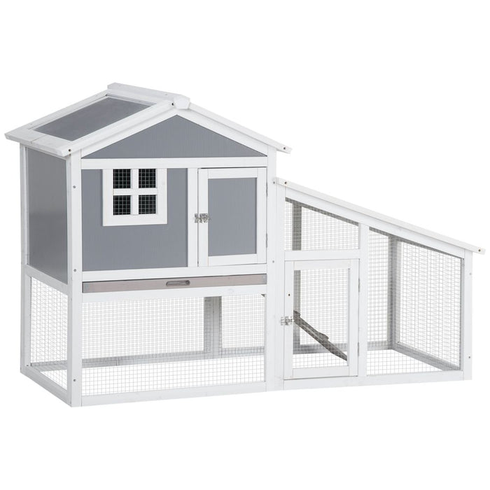 PawHut Wooden Rabbit Hutch 2 Tier Guinea Pig Cage Bunny Run w/Sunlight Panel Roof and Slide-Out Tray, Grey