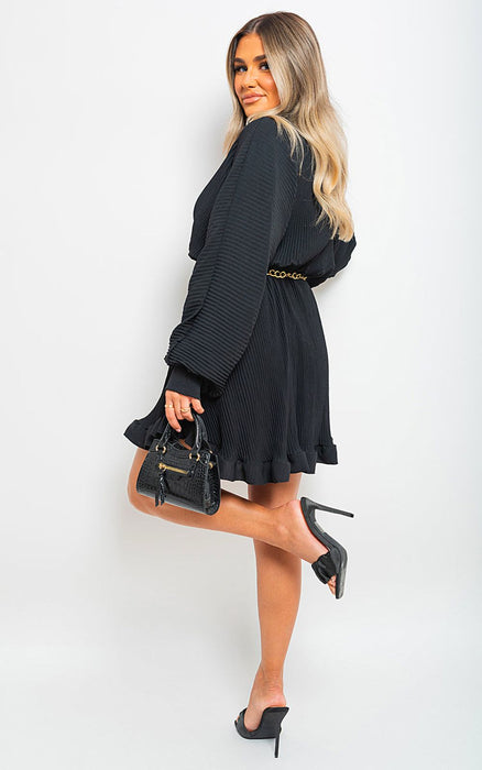 High-Quality Sofia Long Sleeve Pleated Button Up Mini Dress