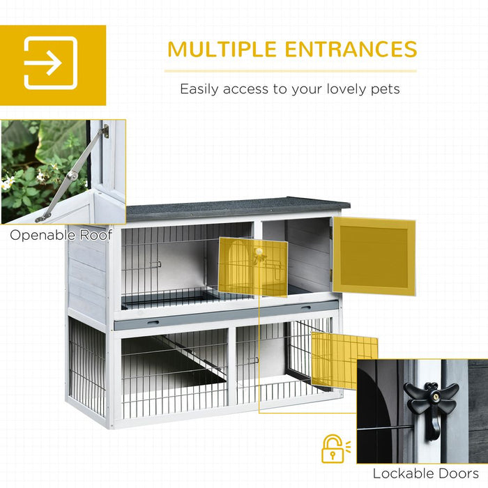 PawHut 2-Tier Wooden Rabbit Hutch Guinea Pig House Bunny Cage Backyard w/Openable Roof Small Animal House for Outdoor Grey, 108 x 45 x 78 cm