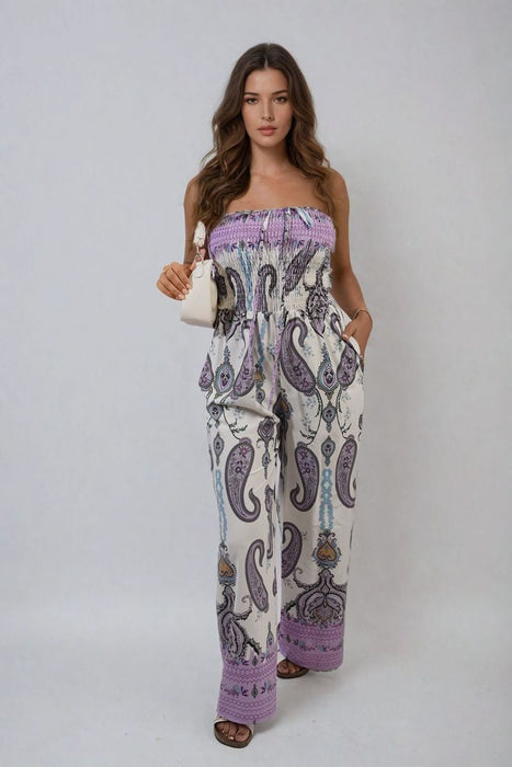 Shirred Strapless Printed Jumpsuit - Effortlessly Chic & Comfortable - Vibrant Print & Wide-Leg Pants - Versatile & High-Quality.