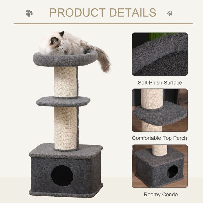 PawHut 96cm Cat Tree Kitten Tower Multi level Activity Center Pet Furniture with Sisal Scratching Post Condo Removable Cover Grey