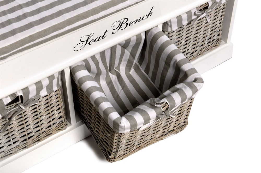 White Wooden Bench with 3 Baskets - 104x33x50cm