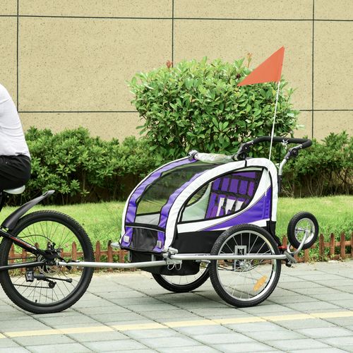 HOMCOM Child Bike Trailer, Baby Bicycle Trailer for 2 Kids with 5 Point Harness, Steel Frame, Reflectors, Safety Flag, Hitch Coupler, Purple