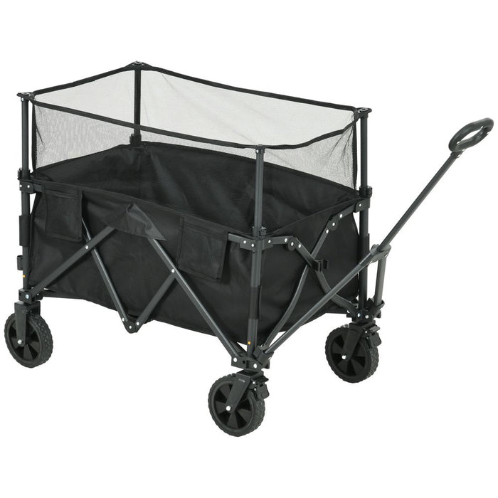 Outsunny 180L Folding Garden Trolley Wagon Cart | Extendable Side Walls | Steel Frame | Khaki