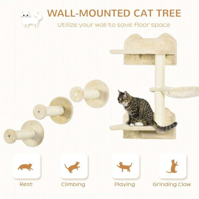 Premium Wall-Mounted Cat Tree - Beige, 4-Piece Set for Indoor Cats, Scratching Post, Hammock