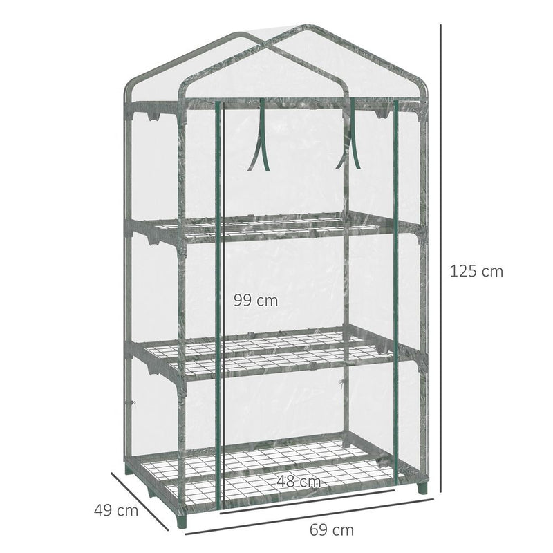 Premium 3 Tier Mini Greenhouse, Roll Up Door, Wire Shelves, 69x49x125cm