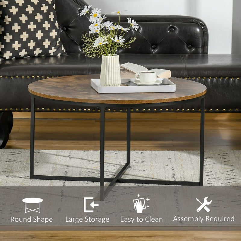 Industrial Round Side Table with Metal Frame, Large Tabletop, Rustic Brown