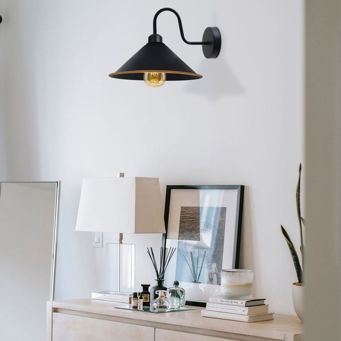 Black gold Wall Light Fixture,Black Wall Sconce E27 Base Socket Screw Type Wall Mounted Swan Neck Cone Shape Shade
